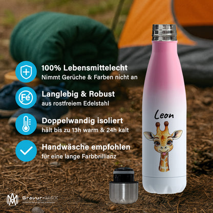 Trinkflasche in Weiß/Pink 500ml aus Edelstahl bedruckt mit niedlichen Tieren "Giraffe" personalisierbar für Kinder mit Wunschname