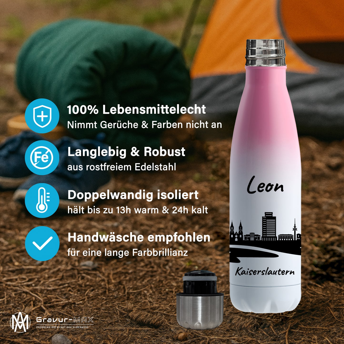 Trinkflasche in Weiß/Pink 500ml aus Edelstahl bedruckt mit der Skyline von Kaiserslautern personalisierbar mit Wunschname