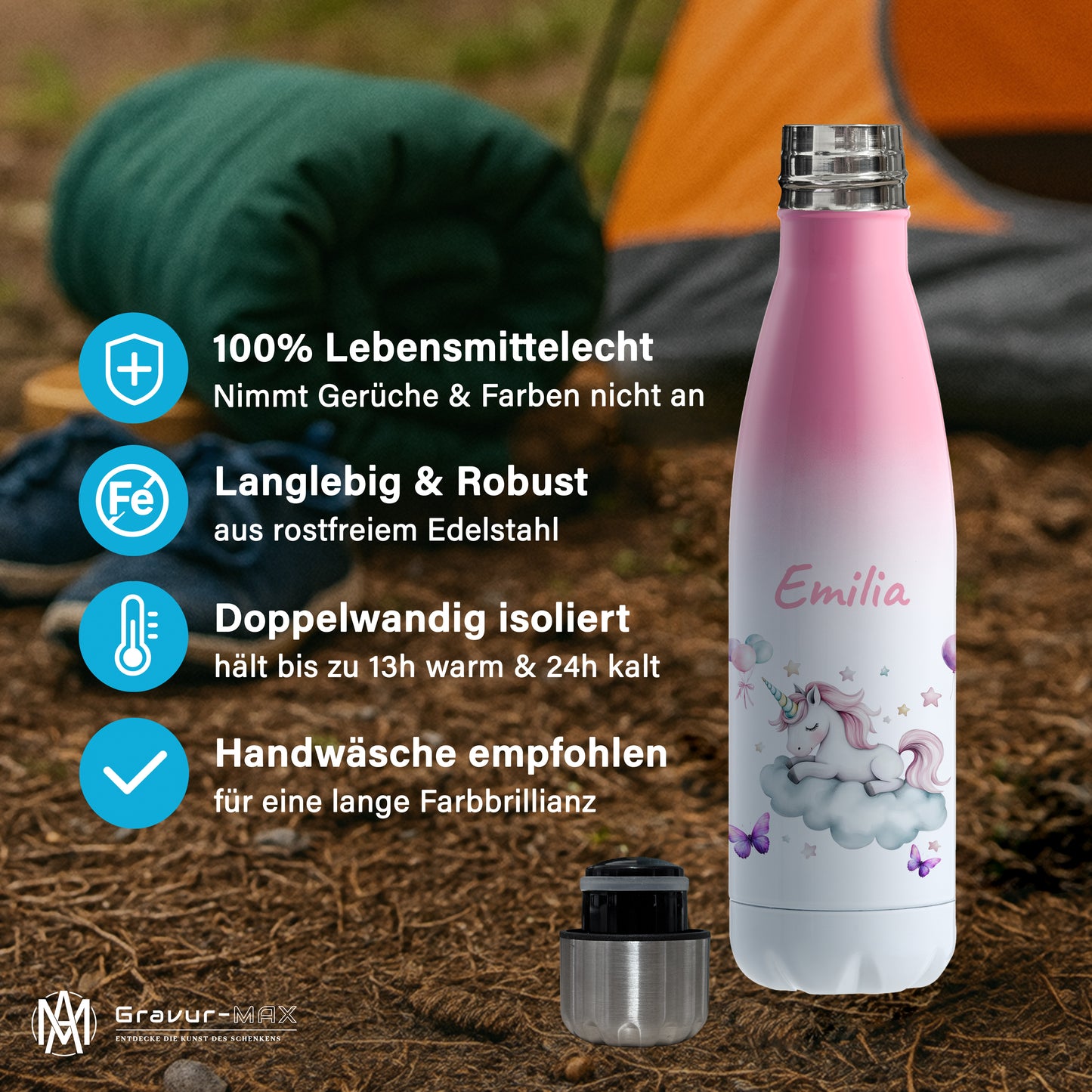 Thermoflasche 500ml in Weiß/Pink bedruckt mit tollen Motiven für Kinder "Einhorn Wolke" personalisierbar mit Wunschname