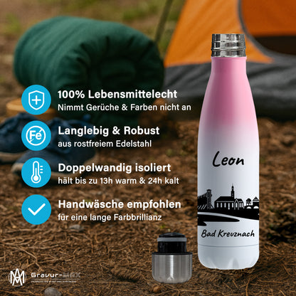 Trinkflasche in Weiß/Pink 500ml aus Edelstahl bedruckt mit der Skyline von Bad Kreuznach personalisierbar mit Wunschname