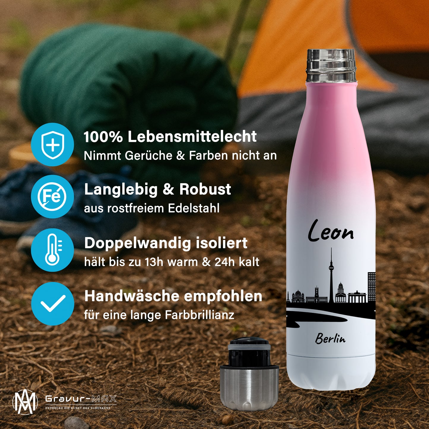Trinkflasche in Weiß/Pink 500ml aus Edelstahl bedruckt mit der Skyline von Berlin personalisierbar mit Wunschname