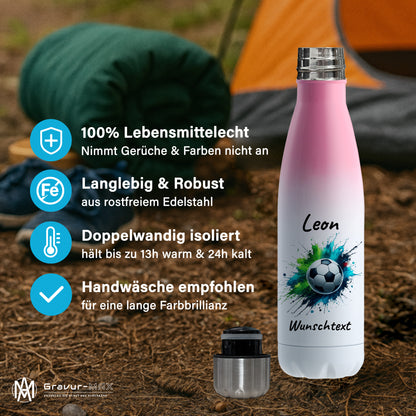 Thermoflasche 500ml in Weiß/Pink aus Edelstahl bedruckt "Fußball" Motiv8 personalisierbar mit Wunschname & Text