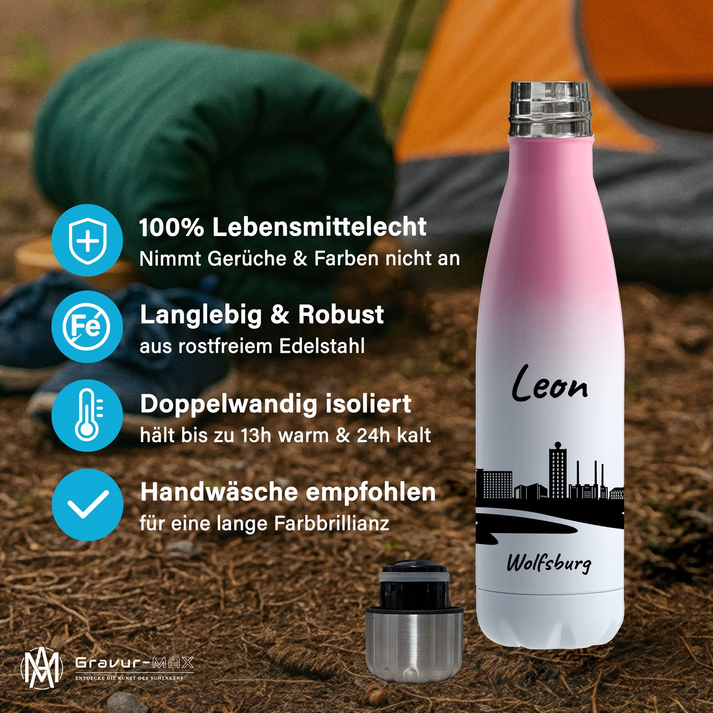 Trinkflasche in Weiß/Pink 500ml aus Edelstahl bedruckt mit der Skyline von Wolfsburg personalisierbar mit Wunschname