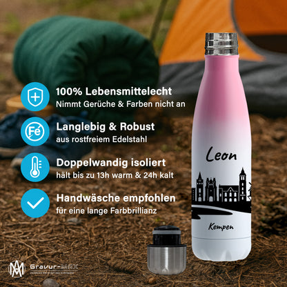 Trinkflasche in Weiß/Pink 500ml aus Edelstahl bedruckt mit der Skyline von Kempen personalisierbar mit Wunschname