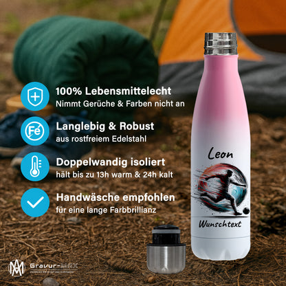 Thermoflasche 500ml in Weiß/Pink aus Edelstahl bedruckt "Fußball" Motiv3 personalisierbar mit Wunschname & Text