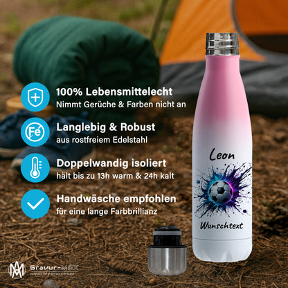Thermoflasche 500ml in Weiß/Pink aus Edelstahl bedruckt "Fußball" Motiv10 personalisierbar mit Wunschname & Text