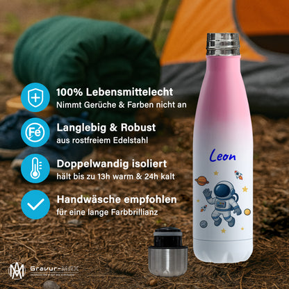 Thermoflasche 500ml in Weiß/Pink bedruckt mit tollen Motiven für Kinder "Astronaut" personalisierbar mit Wunschname