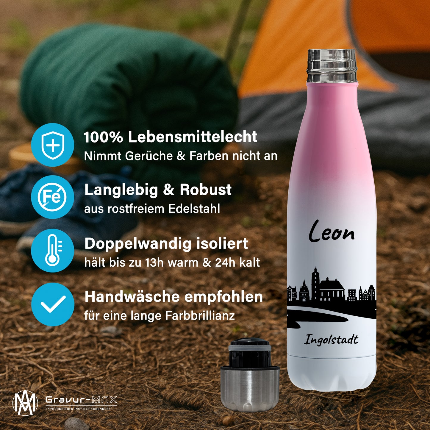Trinkflasche in Weiß/Pink 500ml aus Edelstahl bedruckt mit der Skyline von Ingolstadt personalisierbar mit Wunschname