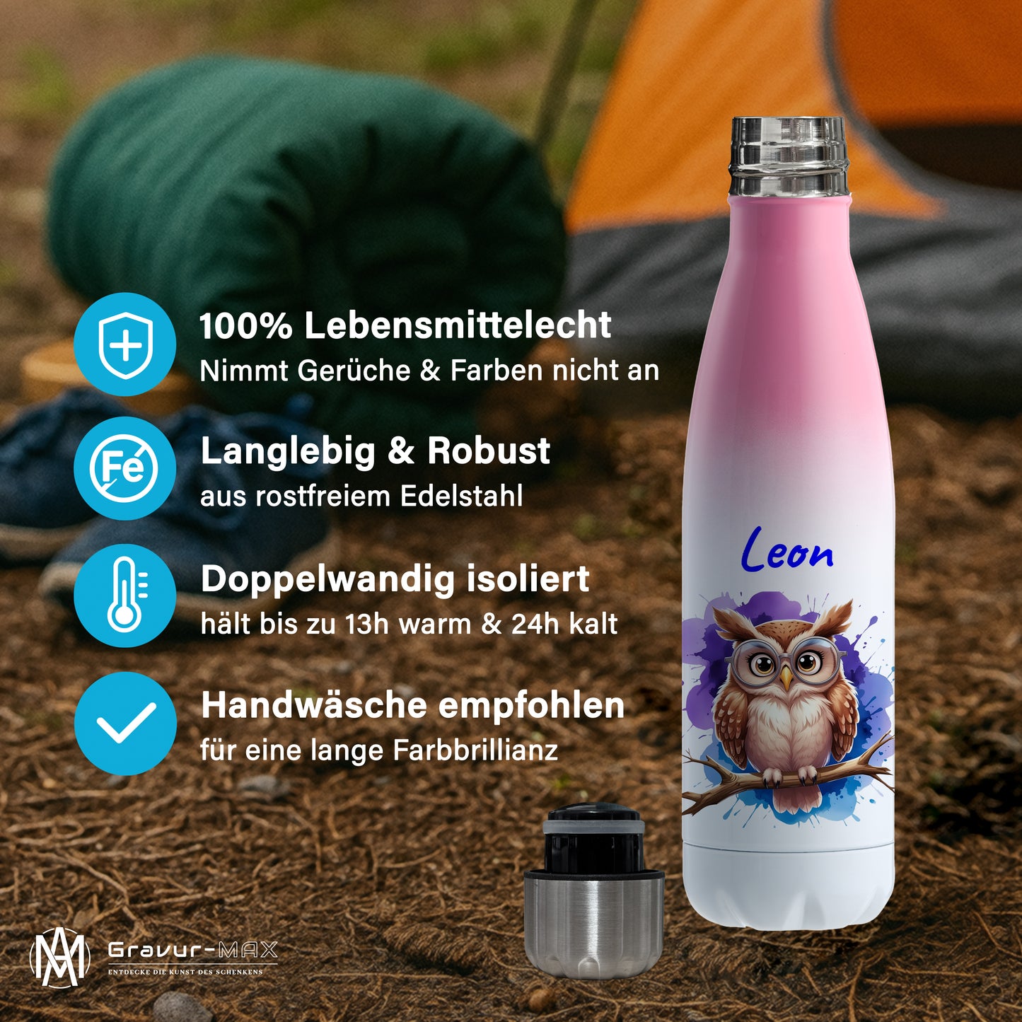 Trinkflasche in Weiß/Pink 500ml aus Edelstahl bedruckt mit niedlichen Tieren "Eule" personalisierbar für Kinder mit Wunschname