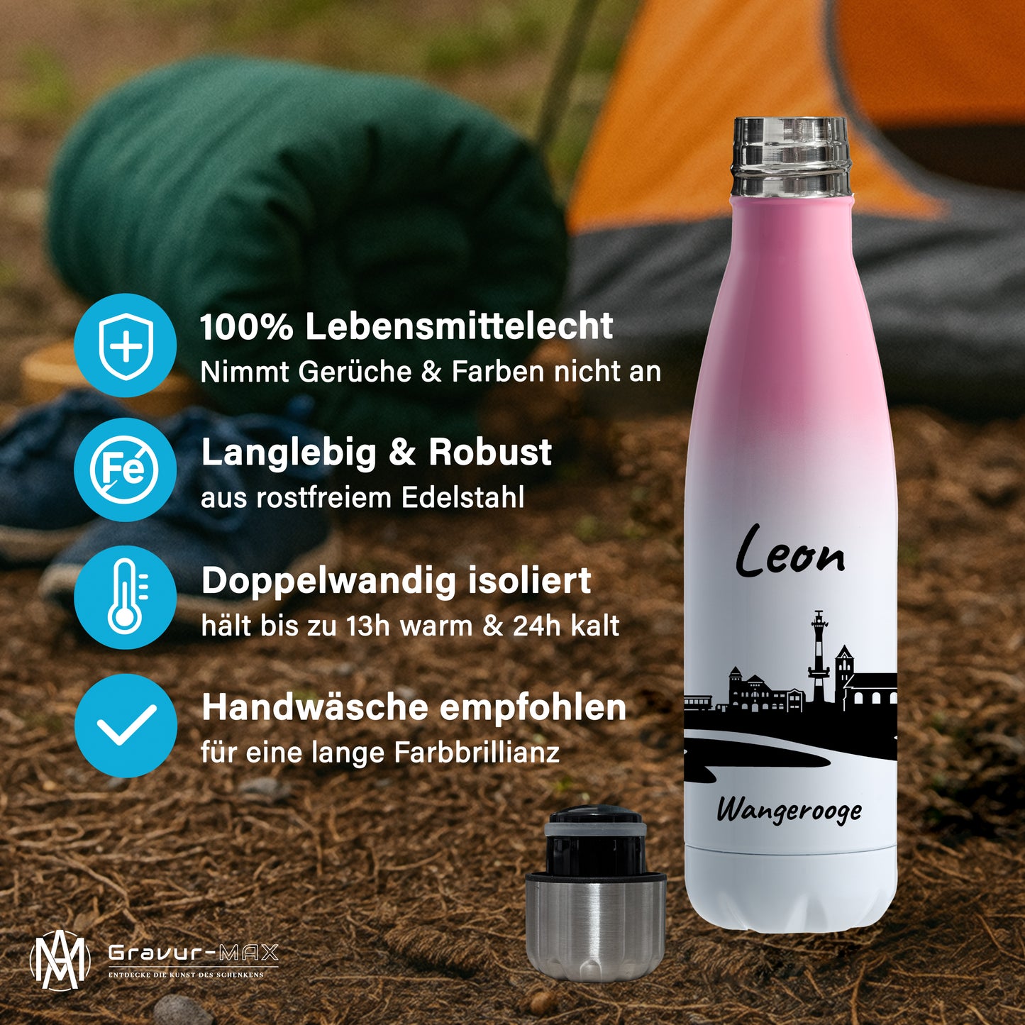 Trinkflasche in Weiß/Pink 500ml aus Edelstahl bedruckt mit der Skyline von Wangerooge personalisierbar mit Wunschname