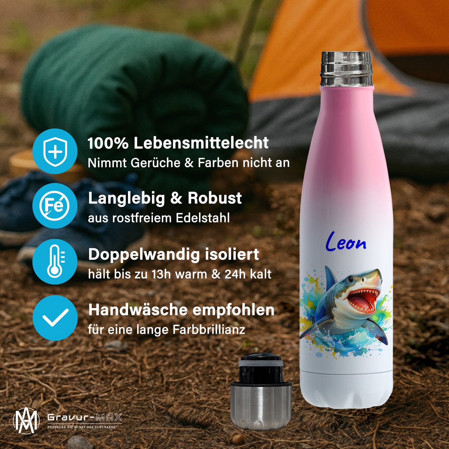 Thermoflasche 500ml in Weiß/Pink bedruckt mit tollen Motiven für Kinder "Hai" personalisierbar mit Wunschname