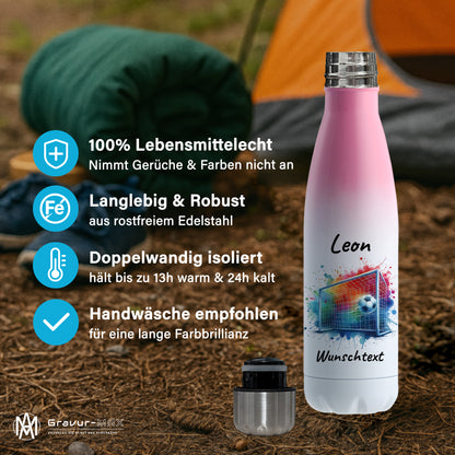Thermoflasche 500ml in Weiß/Pink aus Edelstahl bedruckt "Fußball" Motiv5 personalisierbar mit Wunschname & Text