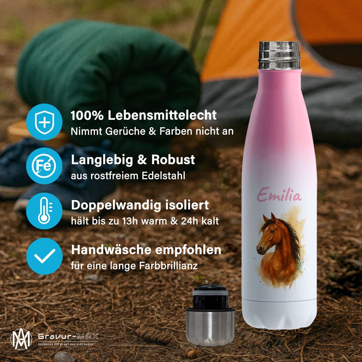 Thermoflasche 500ml in Weiß/Pink bedruckt mit tollen Motiven für Kinder "Pferd" personalisierbar mit Wunschname