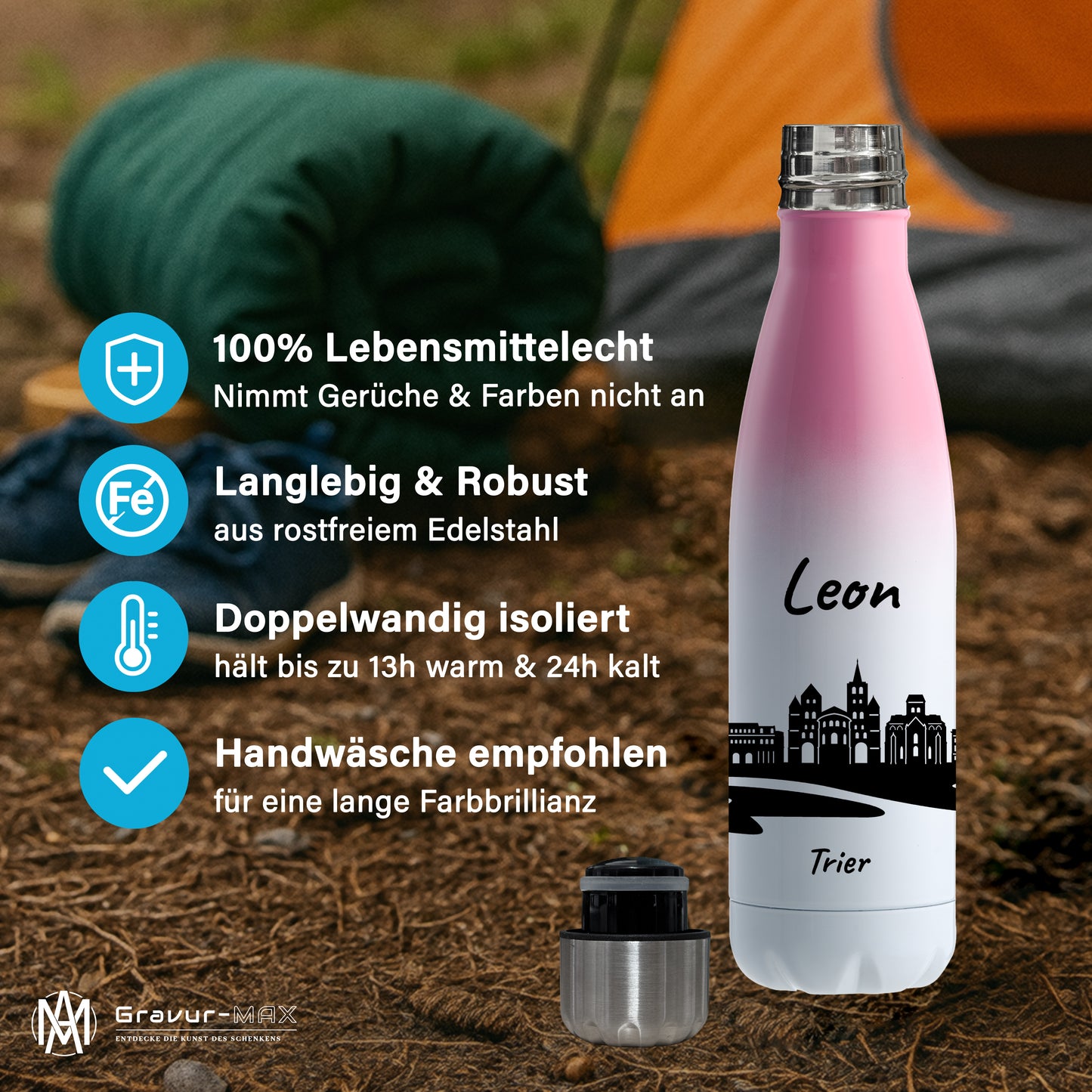 Trinkflasche in Weiß/Pink 500ml aus Edelstahl bedruckt mit der Skyline von Trier personalisierbar mit Wunschname