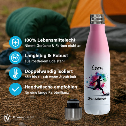 Thermoflasche 500ml in Weiß/Pink aus Edelstahl bedruckt "Fußball" Motiv4 personalisierbar mit Wunschname & Text