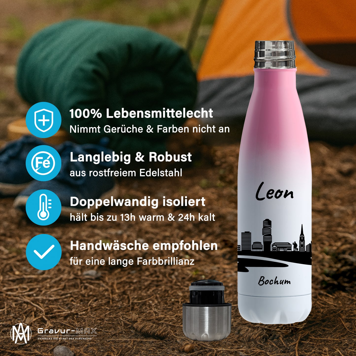 Trinkflasche in Weiß/Pink 500ml aus Edelstahl bedruckt mit der Skyline von Bochum personalisierbar mit Wunschname