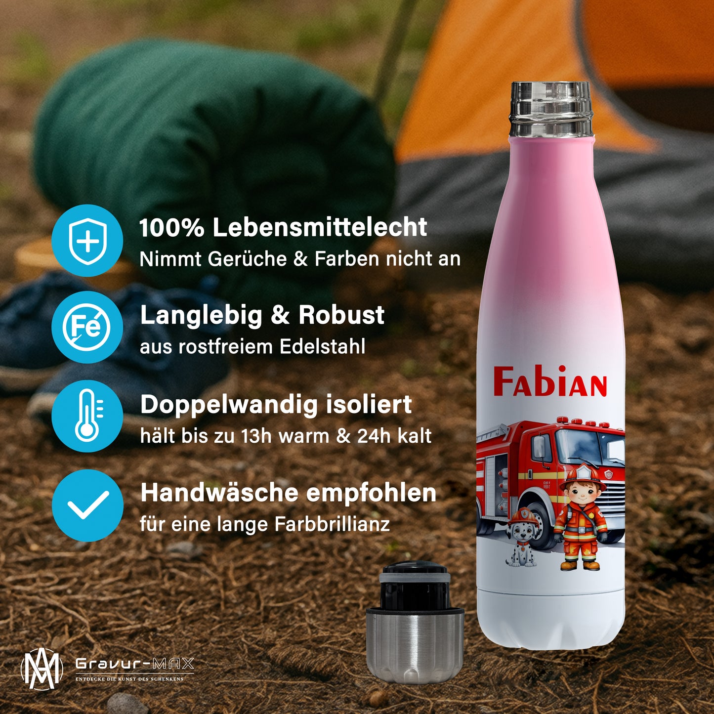 Thermoflasche 500ml in Weiß/Pink bedruckt mit tollen Motiven für Kinder "Feuerwehr" personalisierbar mit Wunschname