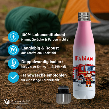 Thermoflasche 500ml in Weiß/Pink bedruckt mit tollen Motiven für Kinder "Feuerwehr" personalisierbar mit Wunschname