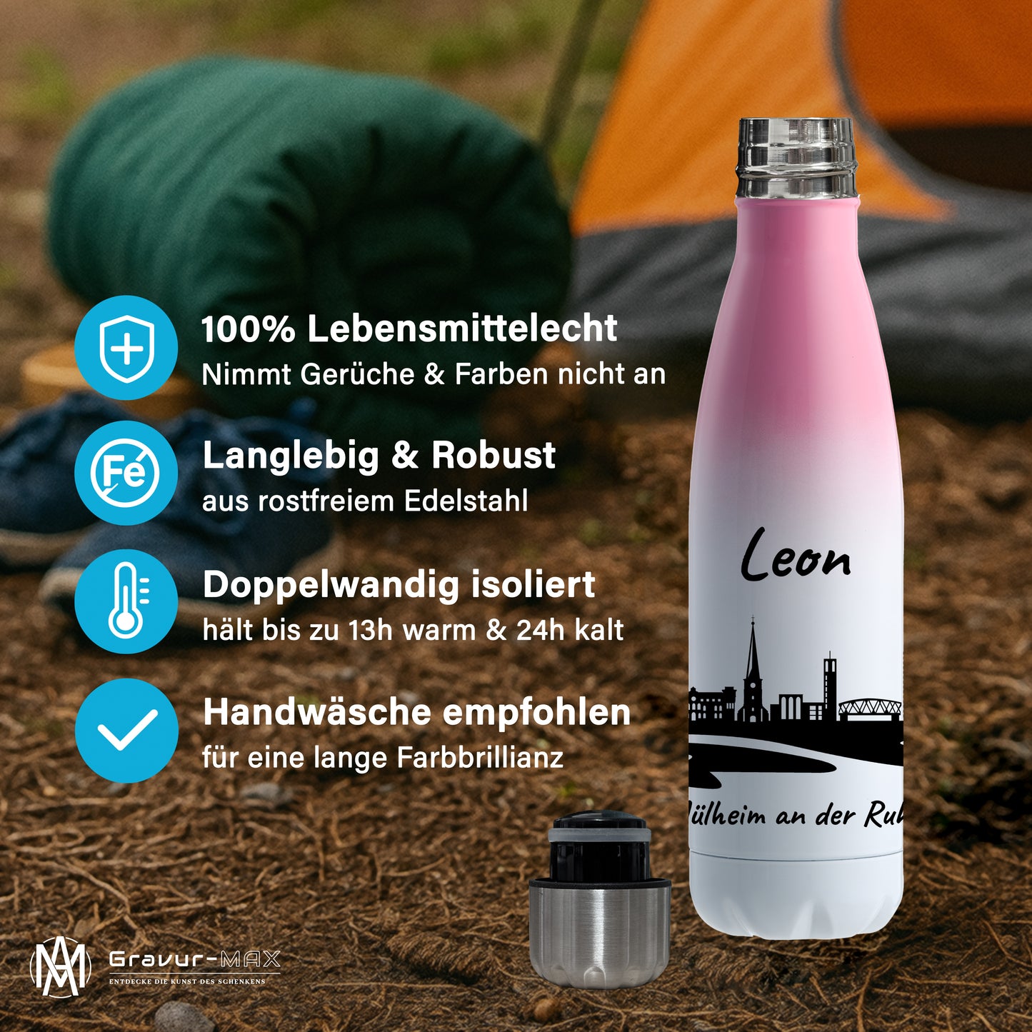 Trinkflasche in Weiß/Pink 500ml aus Edelstahl bedruckt mit der Skyline von Mülheim an der Ruhr personalisierbar mit Wunschname