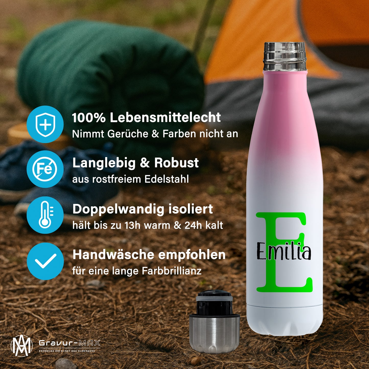 Thermoflasche 500ml aus Edelstahl in Weiß/Pink personalisierbar mit Wunschname auslaufsichere Trinkflasche
