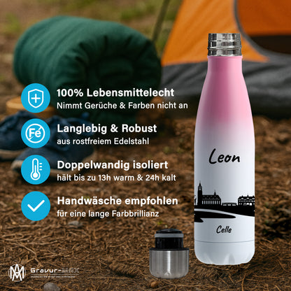 Trinkflasche in Weiß/Pink 500ml aus Edelstahl bedruckt mit der Skyline von Celle personalisierbar mit Wunschname