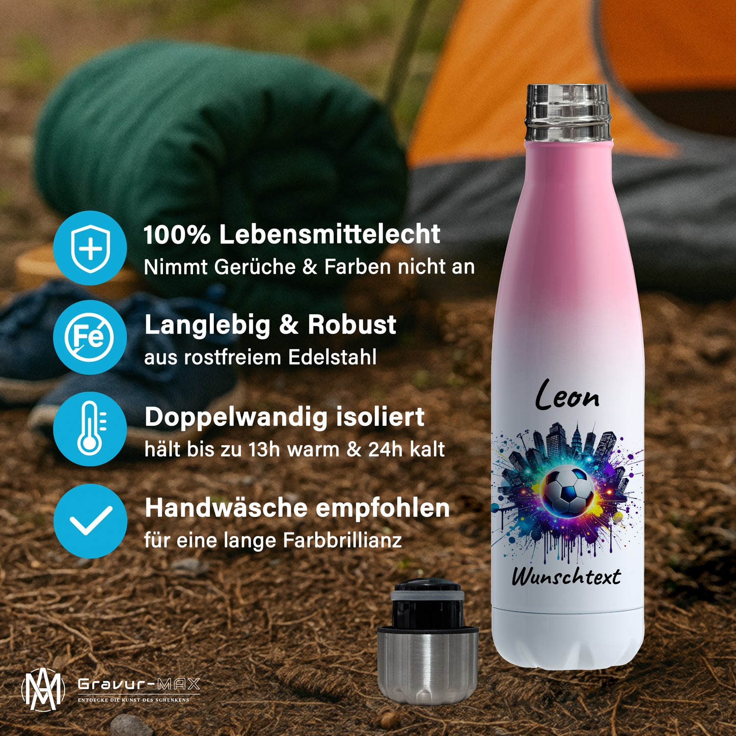 Thermoflasche 500ml in Weiß/Pink aus Edelstahl bedruckt "Fußball" Motiv7 personalisierbar mit Wunschname & Text