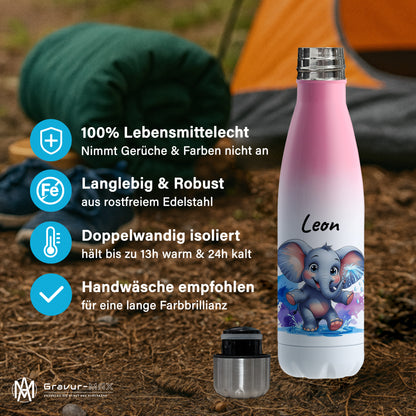 Trinkflasche in Weiß/Pink 500ml aus Edelstahl bedruckt mit niedlichen Tieren "Elefant" personalisierbar für Kinder mit Wunschname