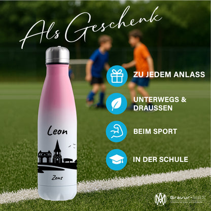 Trinkflasche in Weiß/Pink 500ml aus Edelstahl bedruckt mit der Skyline von Zons (Dormagen) personalisierbar mit Wunschname