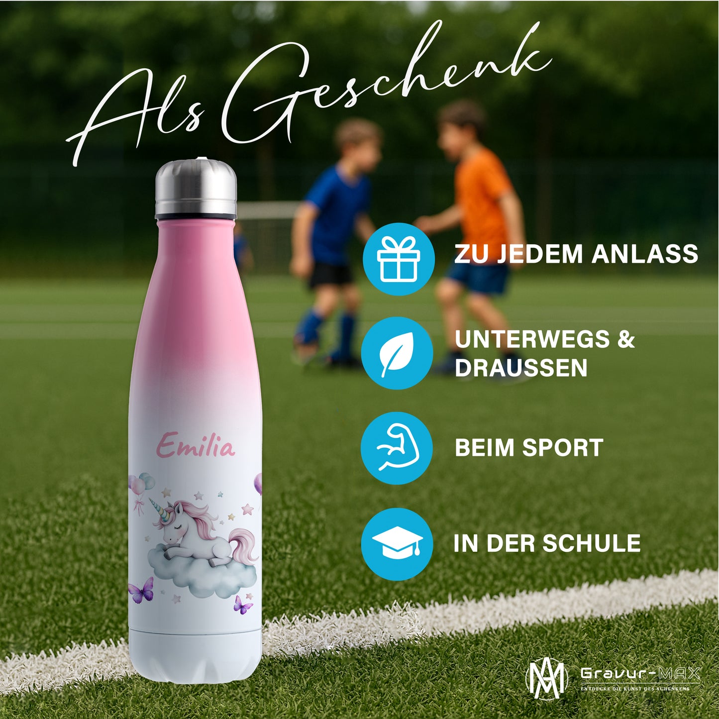 Thermoflasche 500ml in Weiß/Pink bedruckt mit tollen Motiven für Kinder "Einhorn Wolke" personalisierbar mit Wunschname