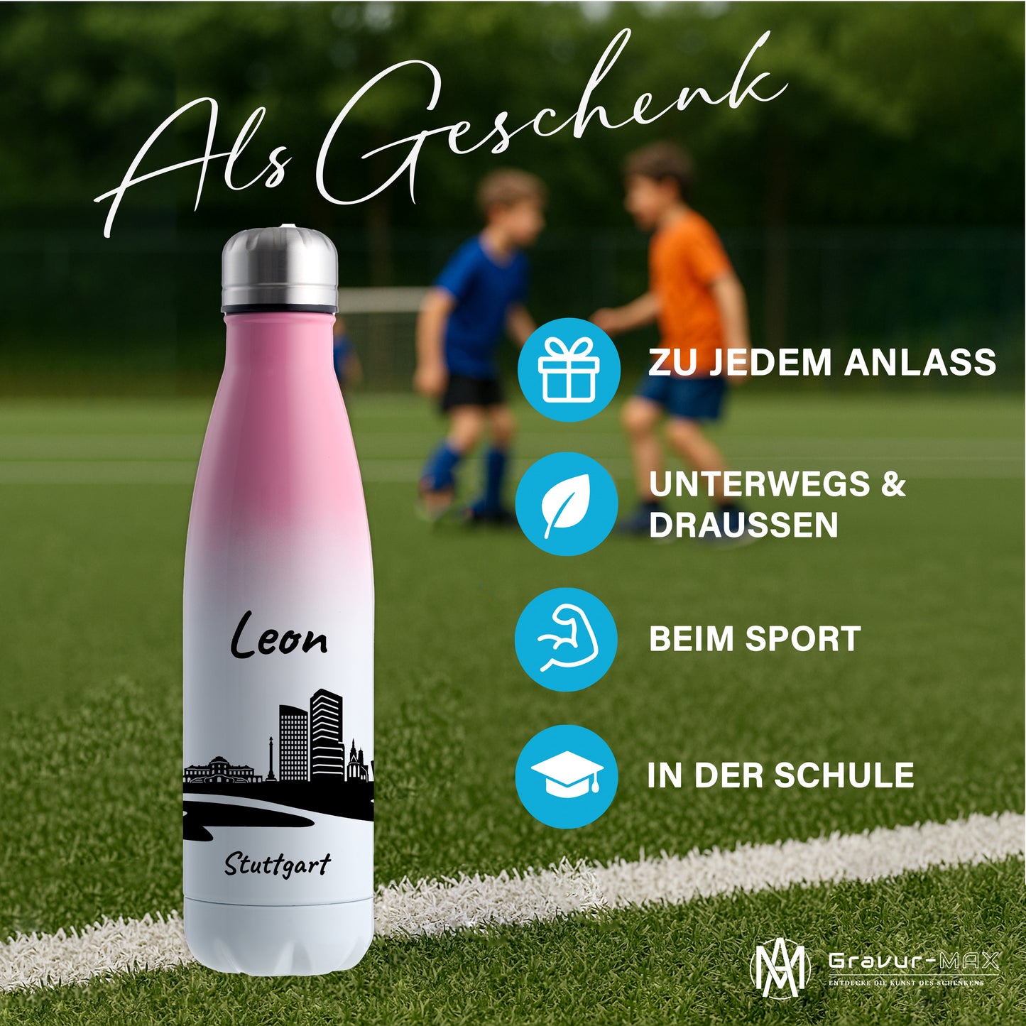 Trinkflasche in Weiß/Pink 500ml aus Edelstahl bedruckt mit der Skyline von Stuttgart personalisierbar mit Wunschname