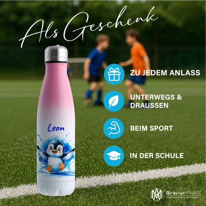 Trinkflasche in Weiß/Pink 500ml aus Edelstahl bedruckt mit niedlichen Tieren "Pinguin" personalisierbar für Kinder mit Wunschname