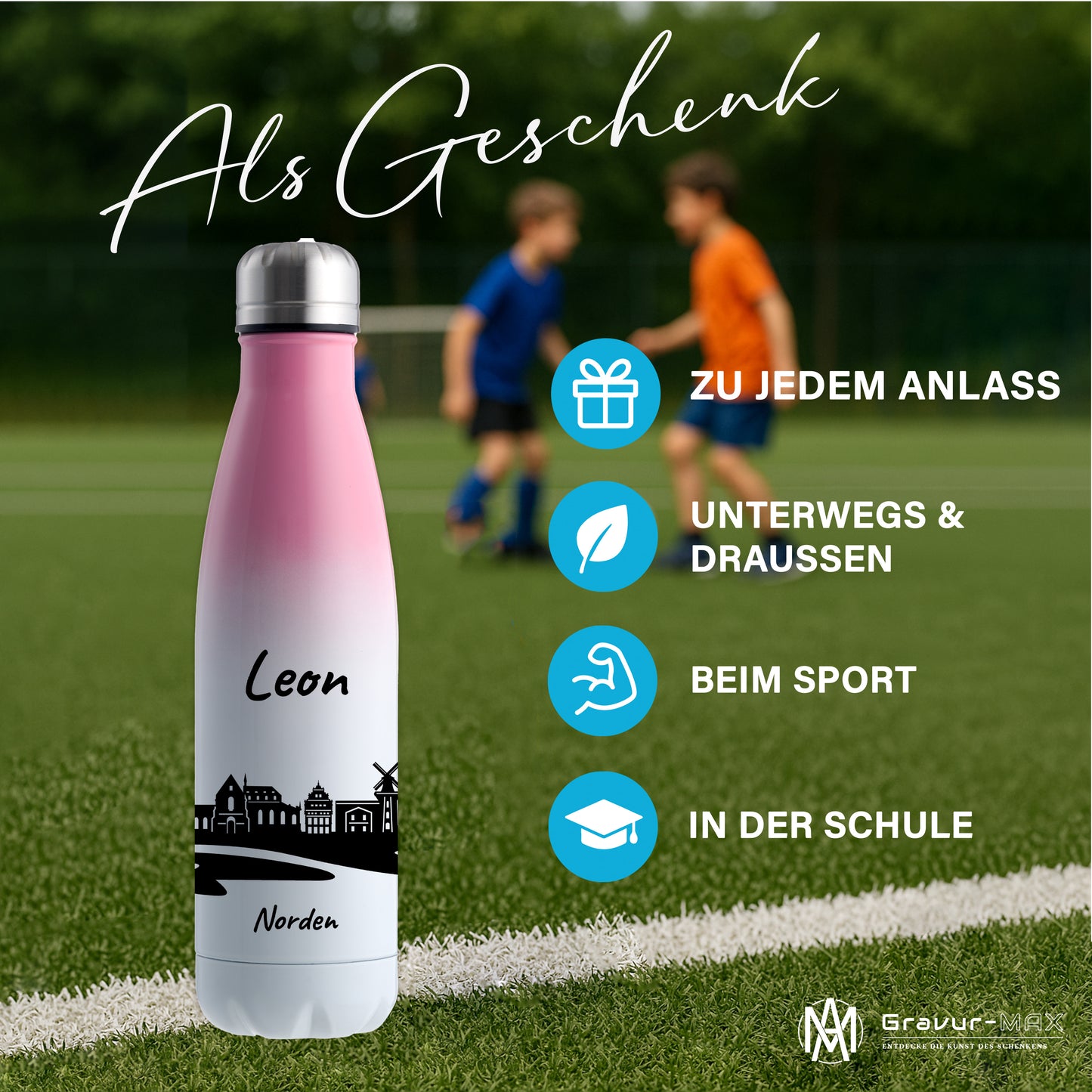 Trinkflasche in Weiß/Pink 500ml aus Edelstahl bedruckt mit der Skyline von Norden personalisierbar mit Wunschname