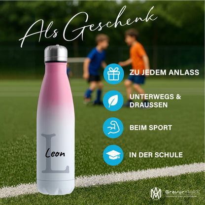 Thermoflasche 500ml aus Edelstahl in Weiß/Pink personalisierbar mit Wunschname auslaufsichere Trinkflasche