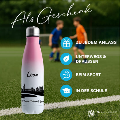 Trinkflasche in Weiß/Pink 500ml aus Edelstahl bedruckt mit der Skyline von Ostwestfalen-Lippe personalisierbar mit Wunschname