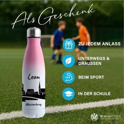 Trinkflasche in Weiß/Pink 500ml aus Edelstahl bedruckt mit der Skyline von Wasserburg personalisierbar mit Wunschname