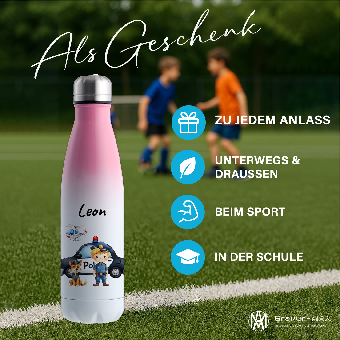 Thermoflasche 500ml in Weiß/Pink bedruckt mit tollen Motiven für Kinder "Polizei" personalisierbar mit Wunschname