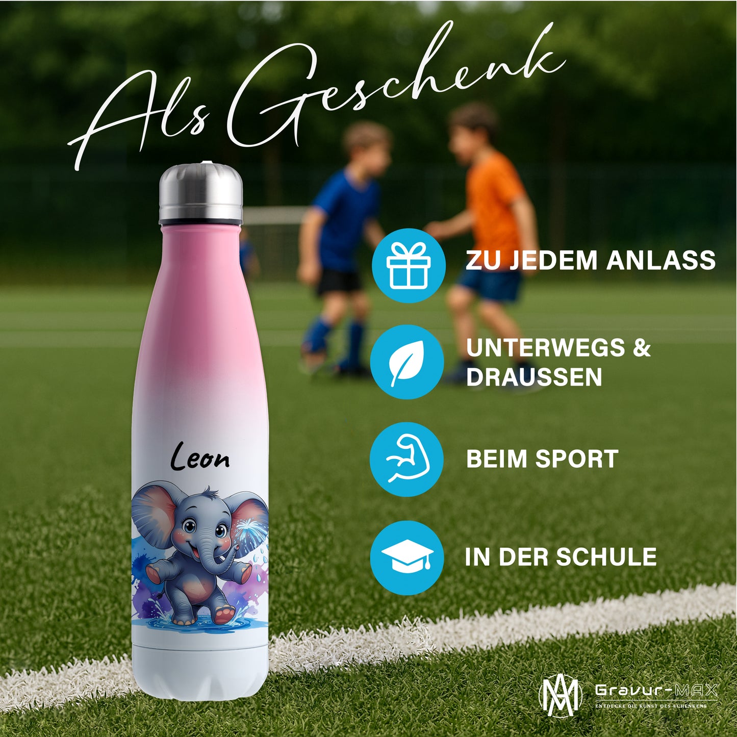 Trinkflasche in Weiß/Pink 500ml aus Edelstahl bedruckt mit niedlichen Tieren "Elefant" personalisierbar für Kinder mit Wunschname
