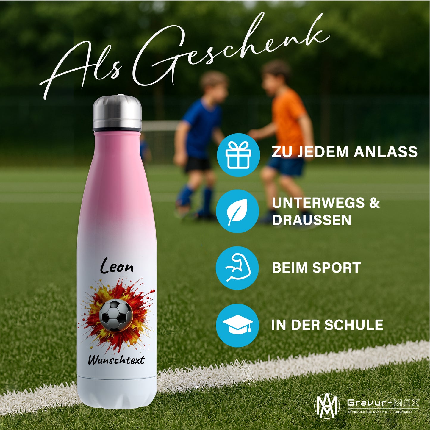 Thermoflasche 500ml in Weiß/Pink aus Edelstahl bedruckt "Fußball" Motiv9 personalisierbar mit Wunschname & Text