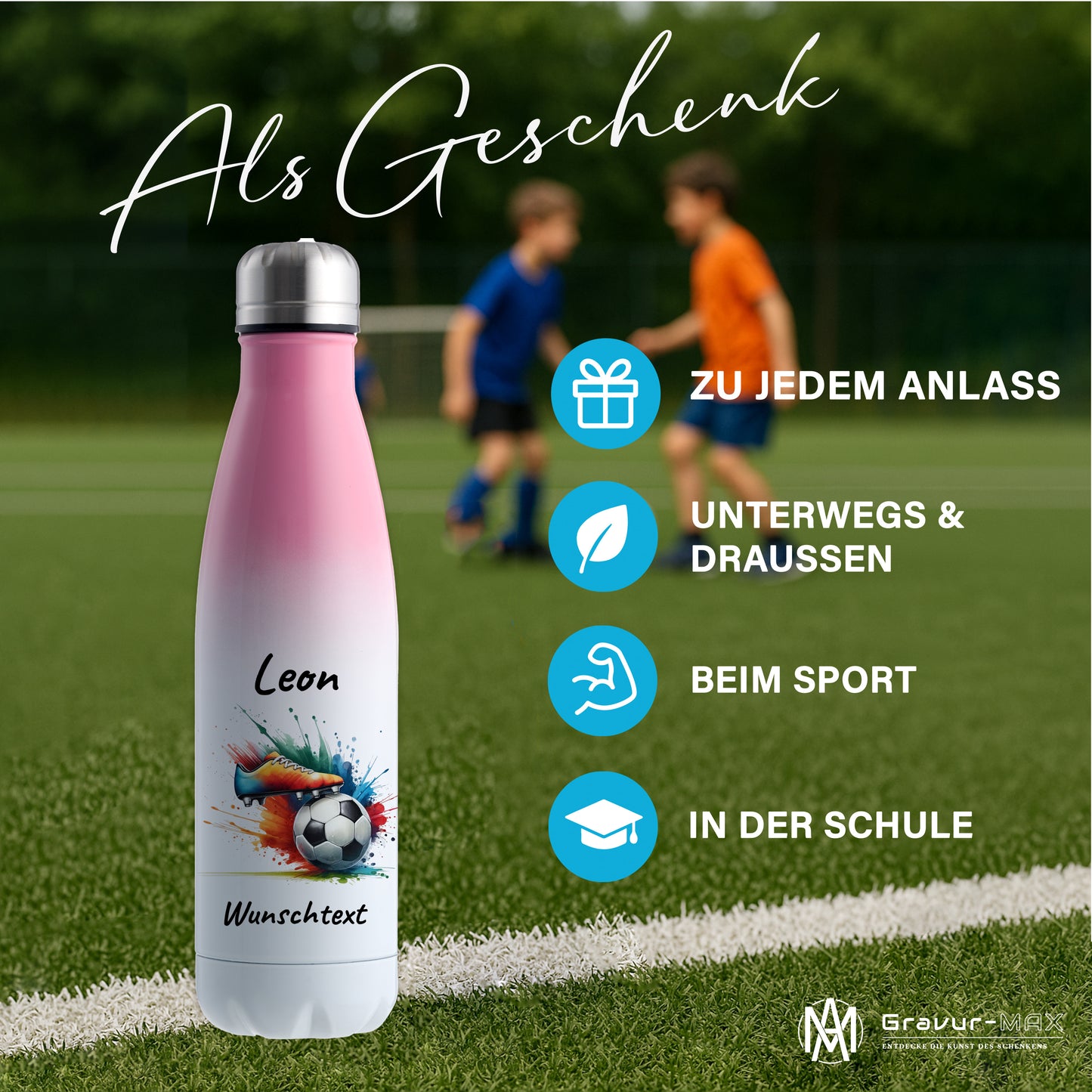 Thermoflasche 500ml in Weiß/Pink aus Edelstahl bedruckt "Fußball" Motiv6 personalisierbar mit Wunschname & Text
