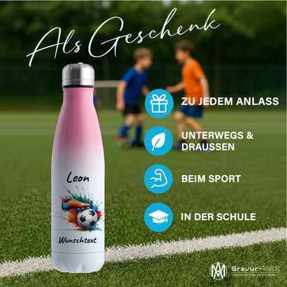 Thermoflasche 500ml in Weiß/Pink aus Edelstahl bedruckt "Fußball" Motiv6 personalisierbar mit Wunschname & Text