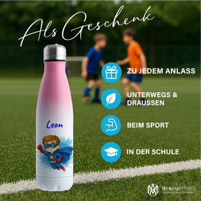 Thermoflasche 500ml in Weiß/Pink bedruckt mit tollen Motiven für Kinder "Superheld" personalisierbar mit Wunschname