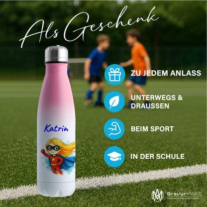 Thermoflasche 500ml in Weiß/Pink bedruckt mit tollen Motiven für Kinder "Superheldin" personalisierbar mit Wunschname