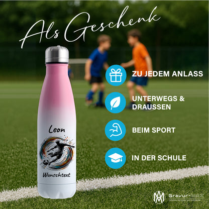 Thermoflasche 500ml in Weiß/Pink aus Edelstahl bedruckt "Fußball" Motiv1 personalisierbar mit Wunschname & Text