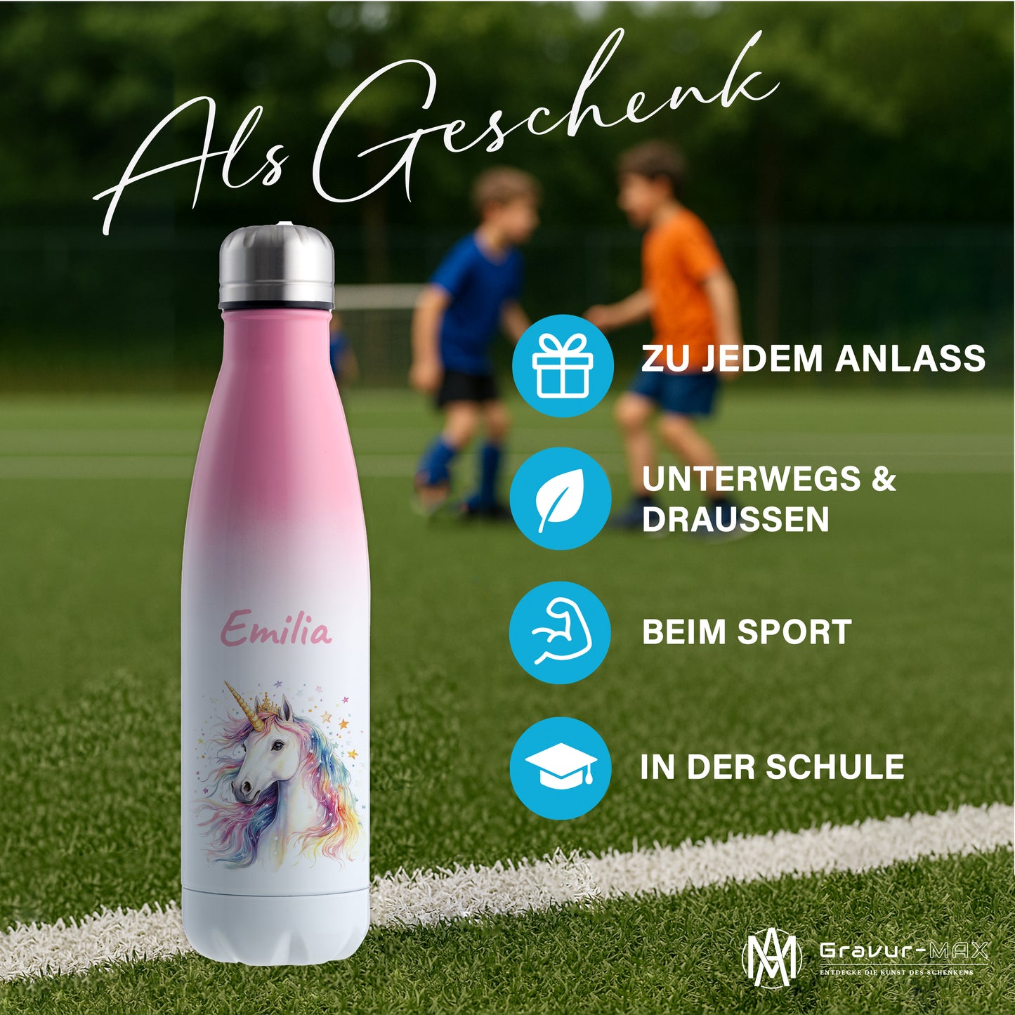 Thermoflasche 500ml in Weiß/Pink bedruckt mit tollen Motiven für Kinder "Einhorn" personalisierbar mit Wunschname