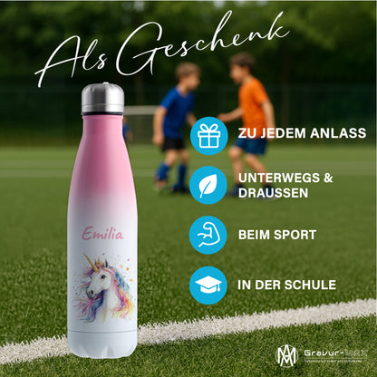 Thermoflasche 500ml in Weiß/Pink bedruckt mit tollen Motiven für Kinder "Einhorn" personalisierbar mit Wunschname