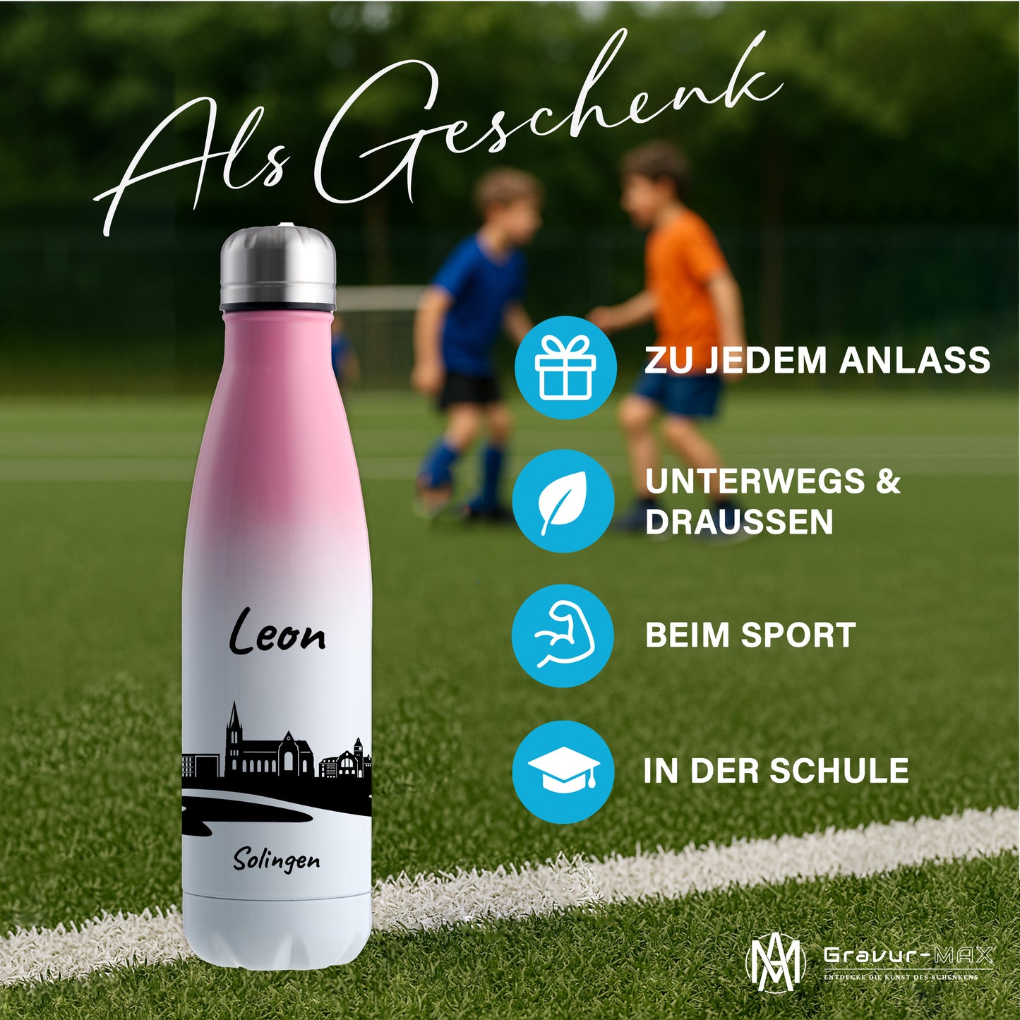 Trinkflasche in Weiß/Pink 500ml aus Edelstahl bedruckt mit der Skyline von Solingen personalisierbar mit Wunschname