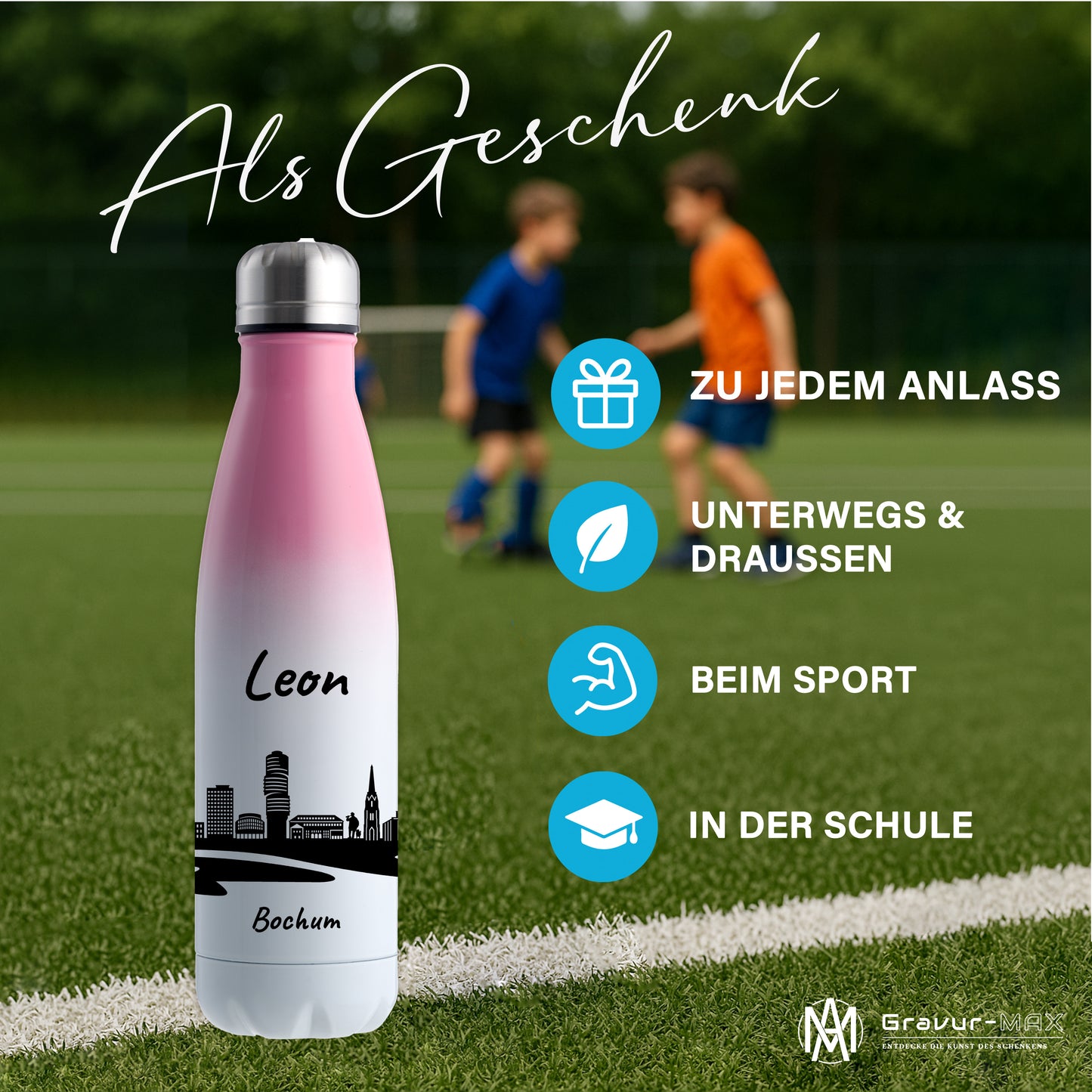 Trinkflasche in Weiß/Pink 500ml aus Edelstahl bedruckt mit der Skyline von Bochum personalisierbar mit Wunschname