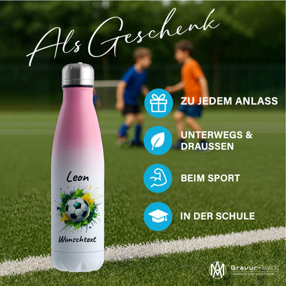 Thermoflasche 500ml in Weiß/Pink aus Edelstahl bedruckt "Fußball" Motiv11 personalisierbar mit Wunschname & Text
