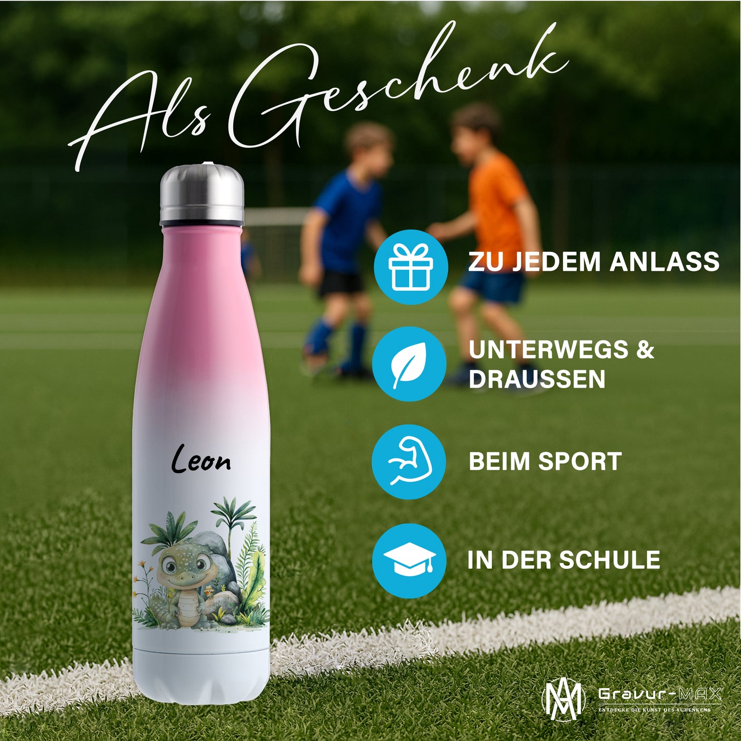 Trinkflasche mit Farbverlauf in Weiß/Pink 500ml aus Edelstahl bedruckt mit Dschungel Tieren"Krokodil" personalisierbar für Kinder mit Wunschname