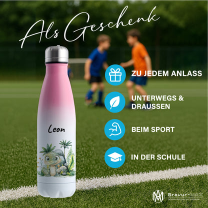 Trinkflasche mit Farbverlauf in Weiß/Pink 500ml aus Edelstahl bedruckt mit Dschungel Tieren"Krokodil" personalisierbar für Kinder mit Wunschname